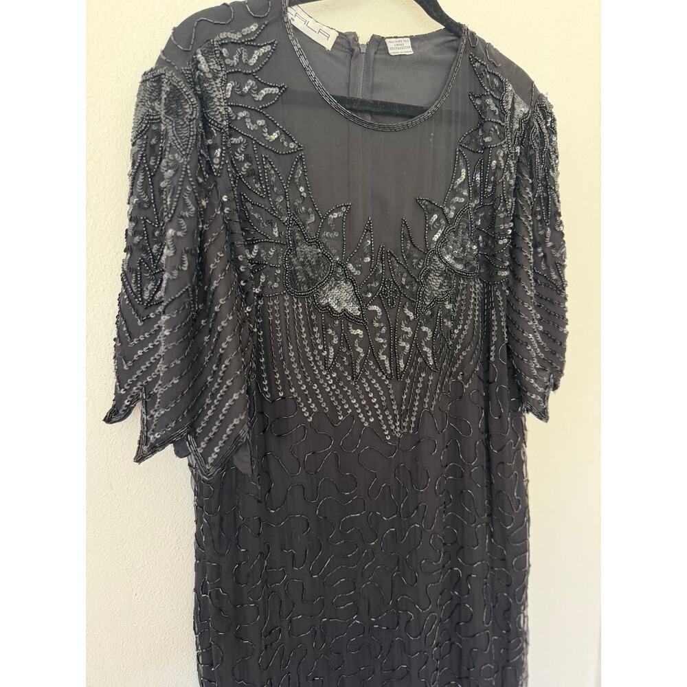 Vintage Scala Black 100% silk fully beaded gown / mother of the bride dress / XL